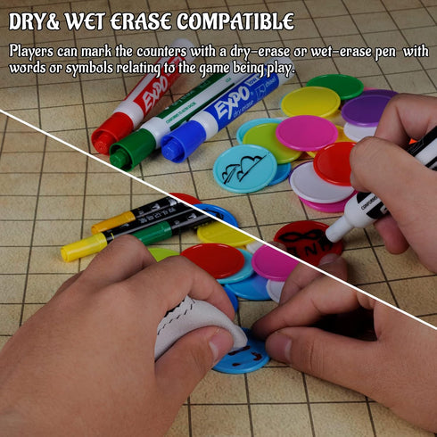 DND Wet & Dry Erase Tokens - Set of 100 Colorful Blank Counters for Tabletop RPGs