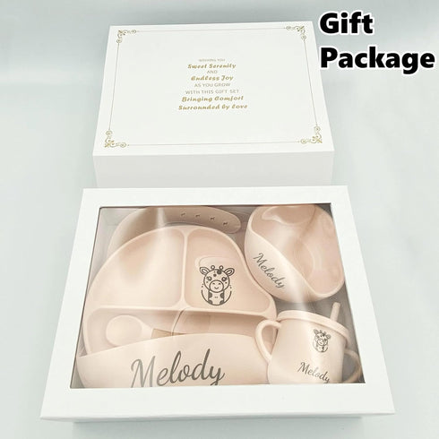 6pcs Set Y4) Personalized Name Food Grade Baby Feeding with Spoon, Fork,Silicone Suction Bowls,Cup,Plate,and bib BPA
