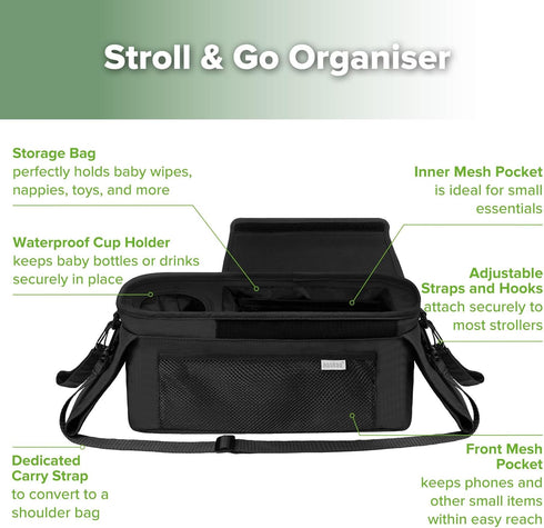 haakaa Universal Stroller Organizer - Black, Single Cup Holder, Stroller Caddy Accessories with Shoulder Strap & Extra
