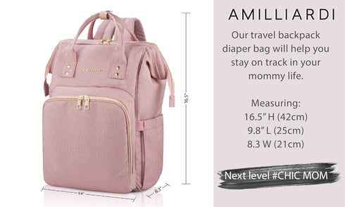 Backpack Diaper Bag Light Pink, Water- Resistant Polyester Baby Bag Detachable Stroller Straps Stylish & Spacious