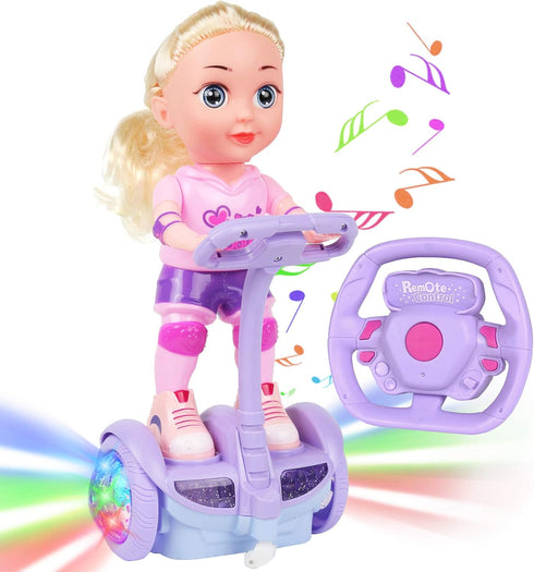 Doll Set with Remote Control Toy Electric Scooter for Kids with LED
