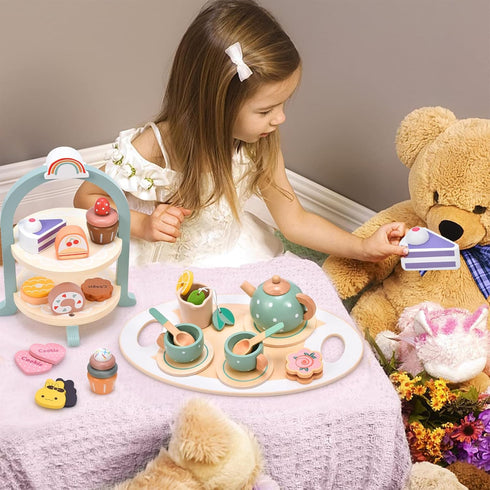Set 28 Set Playset 2 3 4 5 6 Atoylink Wooden Tea Party for Little Girls Pcs Toddler Tea with Cupcake Stand & Food
