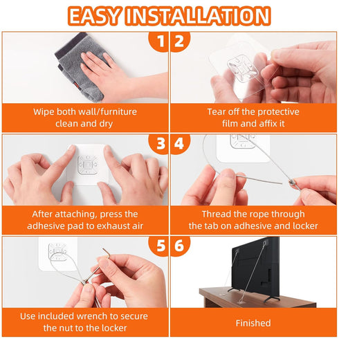 6 Pack 42" Adjustable Metal TV Safety Straps, Vinkqiado No-Drill Adhesive Anti-Tip Furniture Wall Anchors for Baby