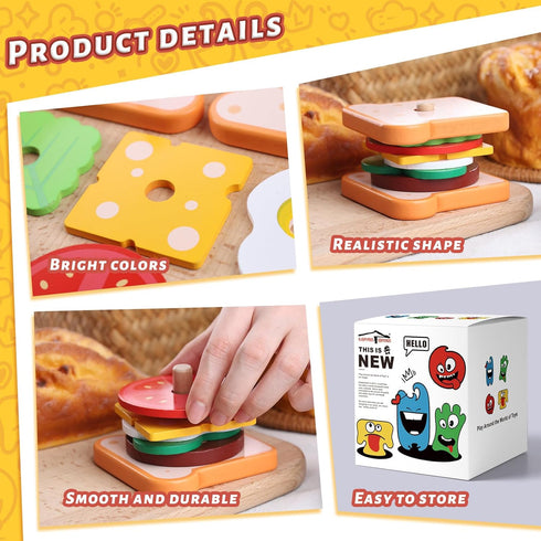 LovesTown Wooden Stacking Toys, Montessori Sandwich Stacking Toys for Kids Educational Birthday Gifts