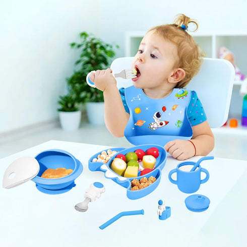 7 Pieces Silicone Baby Feeding Set, Food-Grade Astronaut Theme, Suction Plate, Bowl, Spoon, Fork, Bib, Cup for 6+