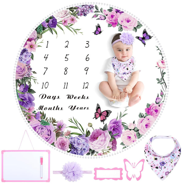 Chumia 6 Pcs Monthly Baby Milestone Blanket Set, Baby Age Blanket with Bandana Frame Headband for Girls Boys (Purple)