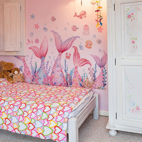 MLM Mermaid Tail Wall Stickers Under The Sea Fish Pink Wall Decals Peel and Stick Wall Art Decor for Kids Bathroom