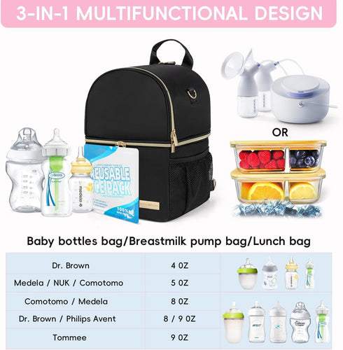 2 1 Backpack 2 Pack 6-9oz Breast Milk Cooler Travel Bag | Waterproof in Pump & Bottle Sections Insulated Baby Bottle