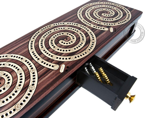 Spiral Design Continuous Cribbage Board/Box - 3 Track in Rosewood/Maple Wood with Storage for Cards & Pegs