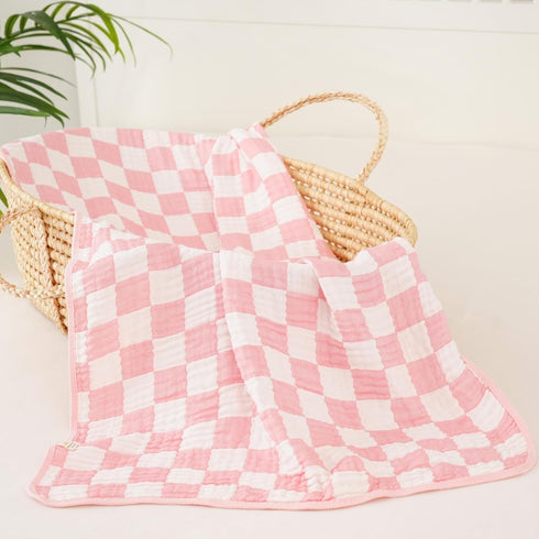 (1-Pack) Ultra-Soft Muslin Baby Blanket - Swaddle & Crib for Girls, Pink Checkered