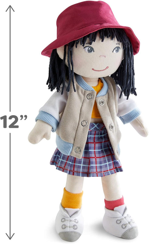12" 18 HABA Soft Doll Yuki with Black Hair, Embroidered Face, Stylish Bucket Hat and Clothes - Washable Toddler Baby