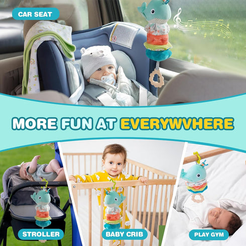 0-6-12-18 Jollybaby Baby Musical Pull String Hanging Toy for Stroller Car Seat Crib Play Gym, Plush Stuffed Whale Toy