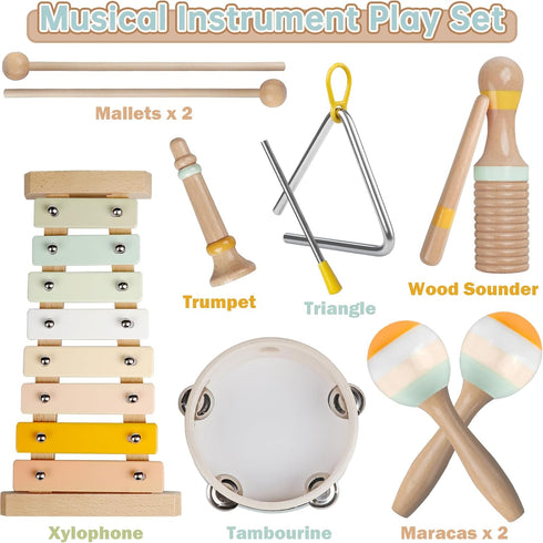Baby Musical Instruments - Montessori Wooden Percussion Set for Toddlers 1-3, Modern Boho Xylophone Gifts