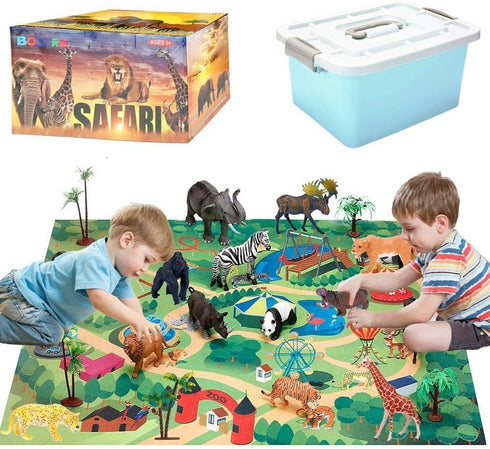 BOLZRA Safari Animals Figures with Activity Play Mat & Storage Box, Realistic Plastic