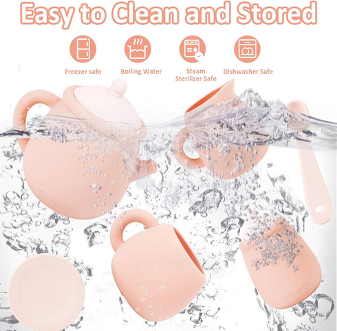 Set, Set 4 4 Set MCGMITT Silicone Tea Party Toy Tea for Toddlers Kids, Includes Teapot, Tea Cup and Coasters, Creamer