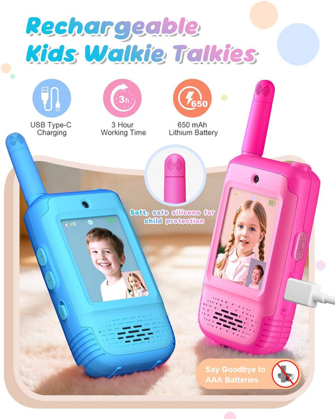 KAKTIN 2 Pack 3 3-12 1000Ft Video Walkie Talkies for Kids, Kids Walkie Talkies with Voice Changers, Rechargeable Toy