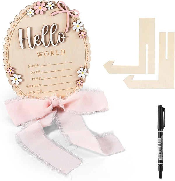 Tucnoeu Baby Announcement Sign, Wooden Hello World Newborn Welcome Sign, Bow Birth Stats