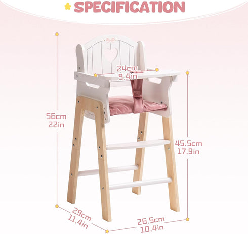 18 Inch ROBOTIME Wooden Baby Doll High Chair, Pink Wooden Baby Doll Chair for Dolls, Pretend Play High Chair Baby Doll