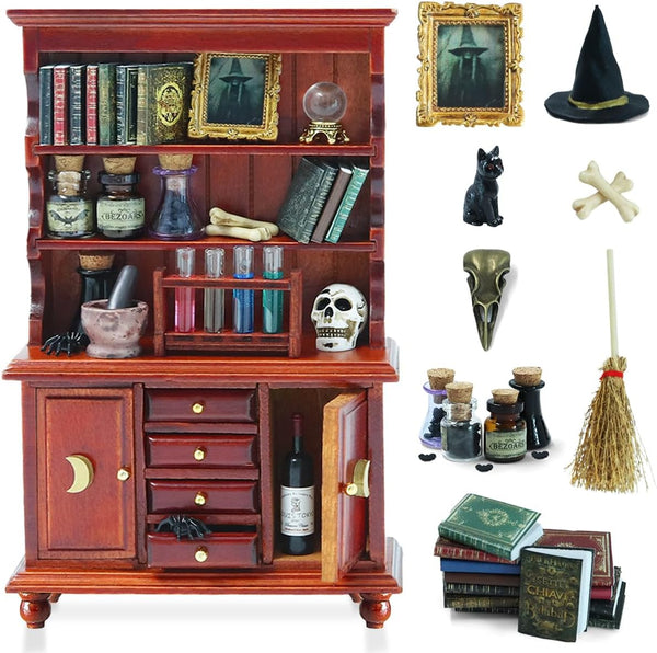 Dollhouse Miniatures 1/12 Scale Accessories, Wooden Bookshelf Furniture Set - Magic Bottle&Potion,