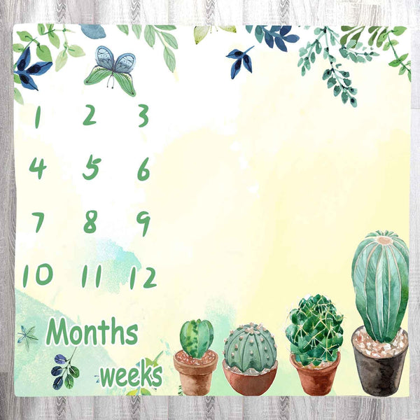 Baby Monthly Milestone Blanket, Green Cactus Butterfly Leaves, Newborn Growth Chart, 48x40 Inch