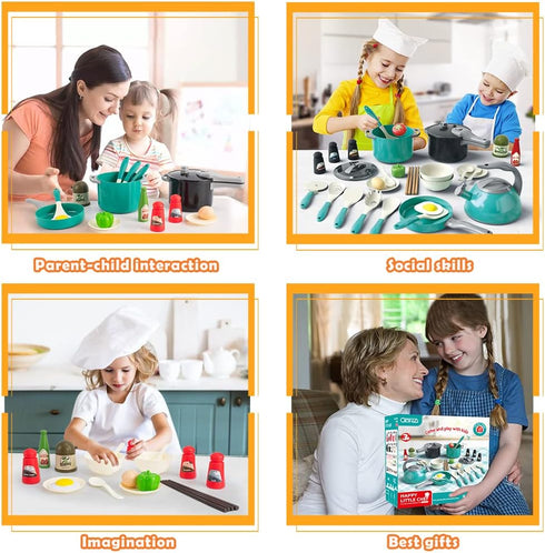 Bruvoalon 32Pcs Kids Play Kitchen Toys Set - Toddlers Pretend Cooking Playset with Pots, Pans, Utensils, Foods