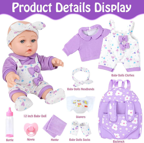 12" Backpack Carrier,12 Inch 3+ UZIDBTO Baby Doll with Flower Pattern Realistic Baby Dolls with Clothes and Accessories