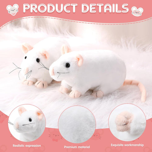 4 Pcs Stuffed Rat Plush Toys, Realistic 7 Inch Soft Cuddly Mouse Plushies for Birthday Party Favor (White)