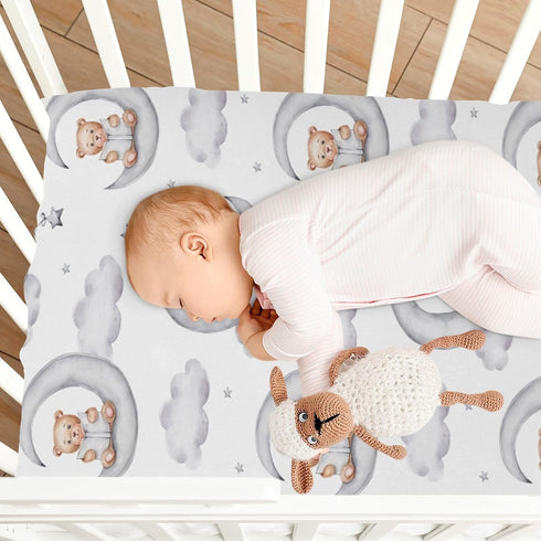 XLIANBIN Teddy Bears Fitted Crib Sheets Watercolor Moon Star Clouds Grey Soft and Breathable Standard Baby Sheet