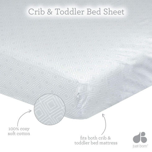 Just Born Newborn Infant Baby Toddler Nursery Sateen Cotton Fitted Crib Sheet, Grey/Pink Dots, One Size