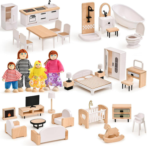Toyssa Dollhouse Furniture Set, 36PCS Beech Wood and Plastic Miniature Doll House
