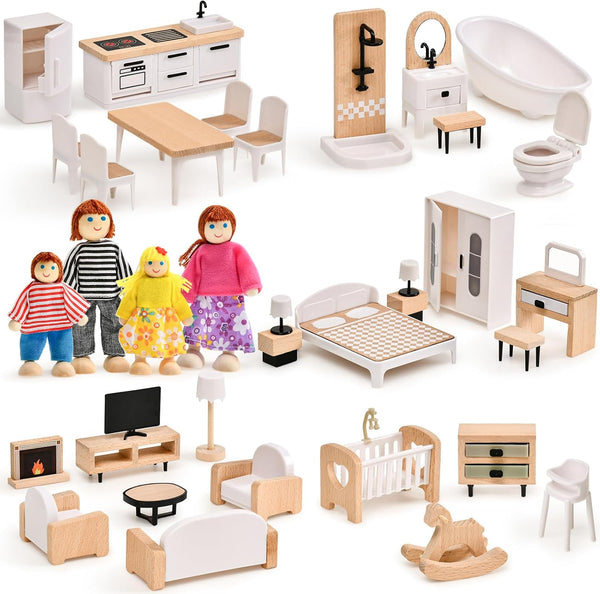 Toyssa Dollhouse Furniture Set, 36PCS Beech Wood and Plastic Miniature Doll House