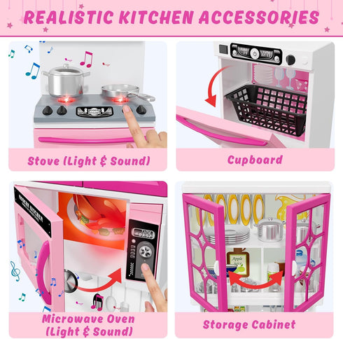 57 PCS Kitchen Playset for Girls - 5-in-1 Toddler Mini Kitchen with Realistic Lights & Sounds, Pink