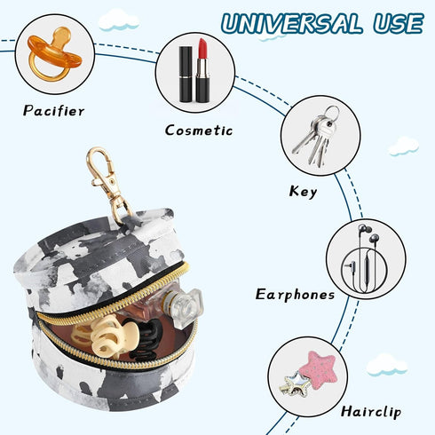 YETTASBIN Cow Print Portable Pacifier Holder Case with Metal Hook Buckle & Zipper for Diaper Bag and Stroller