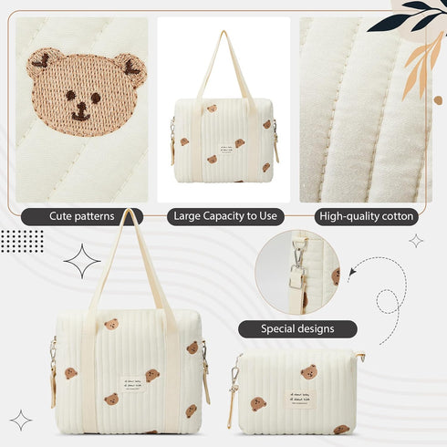 2pcs Set Paterr Quilted Diaper Bag Tote Multifunction Cotton Maternity Hospital Bag Overnight Travel Handbag for Women