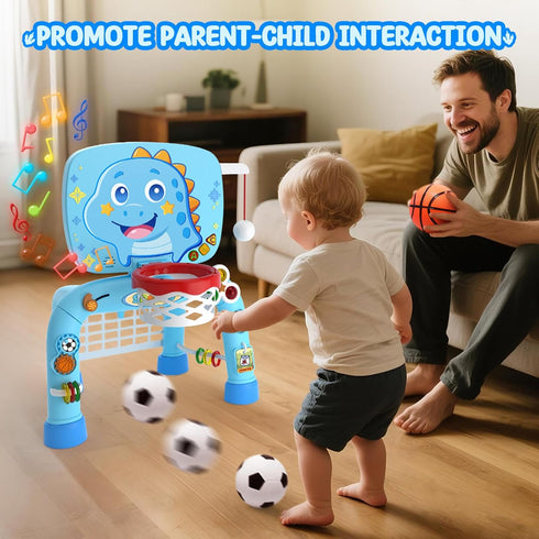 1 12-18 Toys for Year Old Boy - Toddler Basketball Hoop & Soccer Goal & Baseball Activity Center with Light Sound