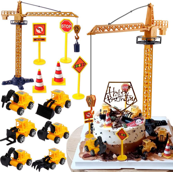 RUIYDZ Construction Cake Topper Large Crane Excavator Traffic Road Sign Cake Toppers Construction