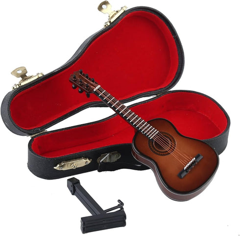 Dselvgvu 5.12"x1.86"x0.68") Wooden Miniature Guitar with Stand and Case Mini Musical Instrument Classic Guitar Replica