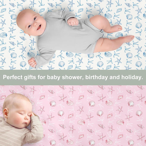 Summer 52x28In 2 Pack Conches Bows Sea Baby Crib Sheets for Boy Girl Ocean Seashells Beach Soft Snug Fitted Crib