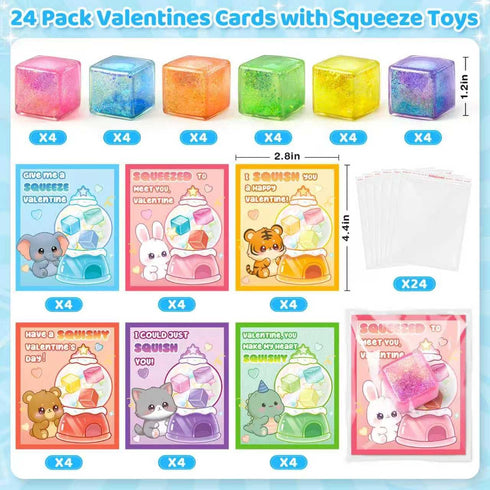 24 6 Valentines Day Cards for Kids School, Pcs Ice Cube Shaped Squeeze Balls with Cards, Stress Relief Fidget Toys