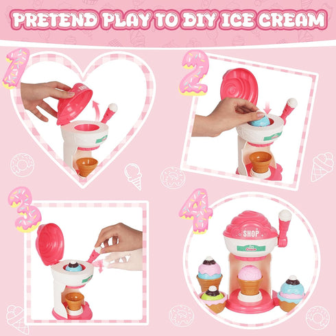 Set, Counter Playset, 3+ Ice Cream Toys Pretend Play Shop Store, Ice Cream with Light, Ice Cream Maker Cashier Toy