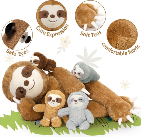 MaoGoLan Sloth Stuffed Animal Set - 5 Pcs Large Mommy Sloth with Babies Plush Toys, 3 Toed Sloth for Kids 22 Inches