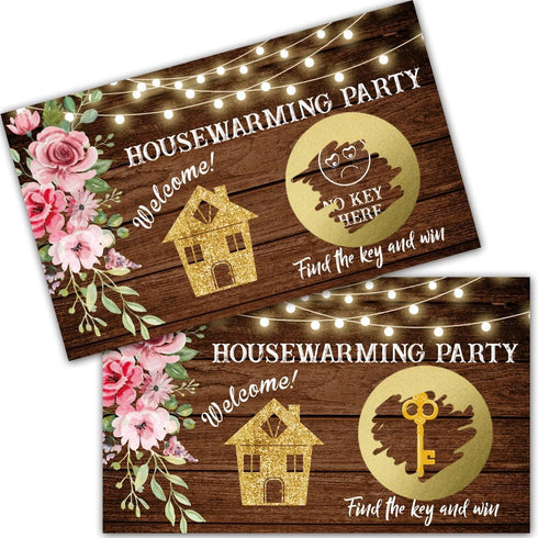 50 Pack Housewarming Scratch Off Game, Wood Grain Key Scratch Card for Rustic New Home New House, Housewarming Party Game Card Lottery Game Group Game, Baby Shower Activity and Idea