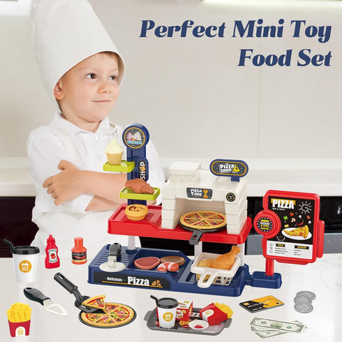 Set: 3+ Kids Pizza Oven Play Ice Cream Maker, Card Reader, Cash Register, Play Food (Pizza, Chicken Nuggets, Fries)