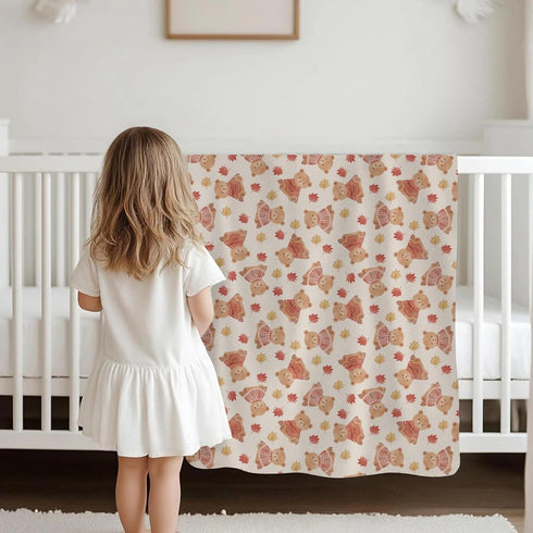 Selgkds 60x80inch Cute Bears Orange Fall Leaves Baby Blankets for Girl Boy Pastel Bear Sweaters Autumn Infant Toddler