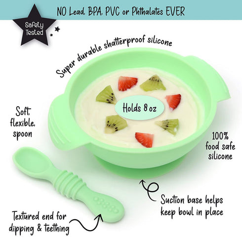 PrimaStella Unbreakable Silicone Non-Slip Bowl and Chew Spoon Set for Babies and Toddlers (Green)