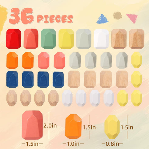36PCS 3 4 5 3-5 Wooden Stacking Rocks Building Blocks, Montessori Toys for year old Stacking Game Sensory Preschool