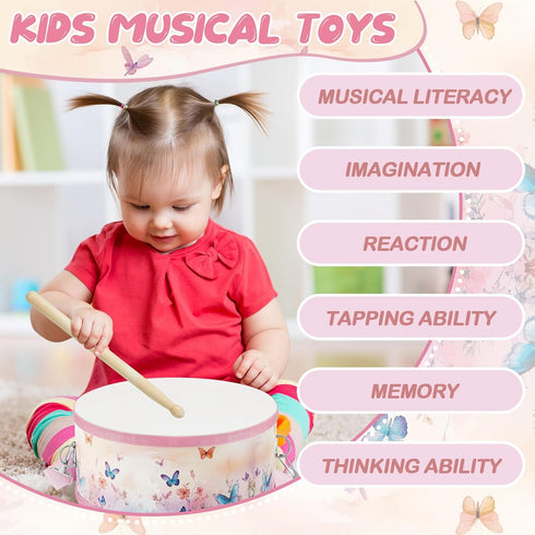 1 Set, 8 Inch 2 Boao PC Kids Drum Toddler Drum Wooden Toy with Adjustable Strap and Drumsticks, Educational Sensory