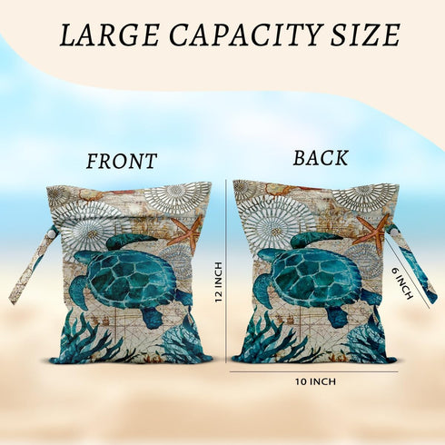 HZMLYDJ 12x10 Inch, Turtle Wet Bags Sea Weed Waterproof Travel Laundry Bags, Shell Washable Reusable Wet Dry Bag