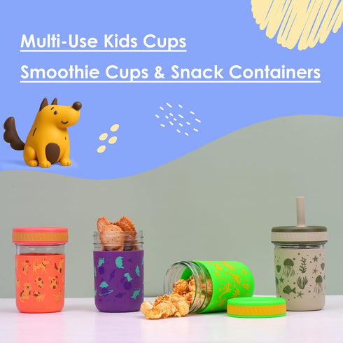12 oz 4 Packs Sursip Toddler Glass Sippy Cups, Kids Baby Spill-Proof Water Tumbler with Straw and Lids, Smoothie Snack