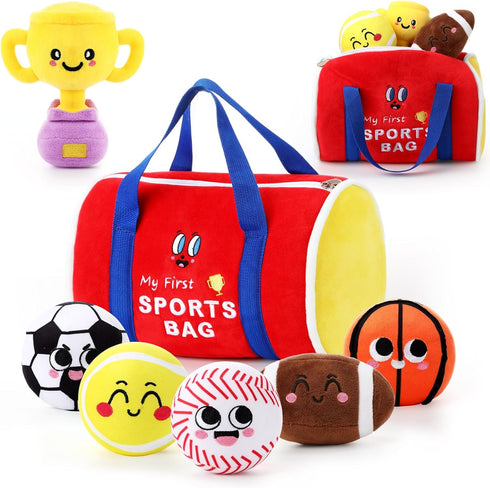 HyDren 7 Pcs My First Sports Bag Plush Toys Playset, Bulit-in Bell
